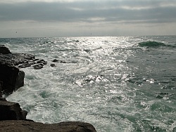 Rocks and a gray sea